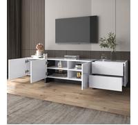Meuble TV 190×45×35 cm en panneaux de particules blanc brillant - avec portes et tiroirs, pieds noirs, style moderne