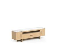 PEGANE Meuble TV 2 Portes 1 tiroir 1 Niche Couleur chêne Clair/marbre - Largeur 178,8 x Profondeur 39,4 x Hauteur 57,6 cm