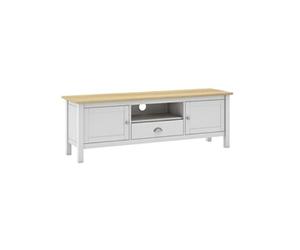Meuble TV 2 Portes 1 Tiroir en Pin Massif Naturel et Blanc - BASCO -