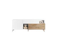 Meuble TV 2 portes 1 Tiroir Laqué Blanc et Aspect Bois Finition Cadiz - CARLO -