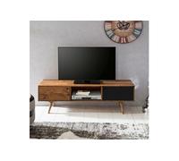 Meuble TV 2 portes 140 cm en bois massif naturel et noir