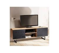 Meuble TV 2 portes 150x40x55 cm décor chêne et noir et pieds en fer