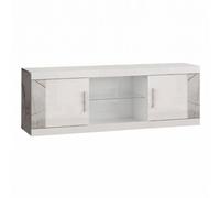 Meuble TV 2 portes 2 niches blanc et aspect marbre gris-brun - NERVY