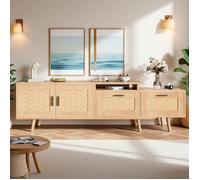 Meuble TV 2 portes 2 Tiroirs effet chêne - Armoire TV en rotin avec étagères et placards de Rangement - style campagnard - Marron
