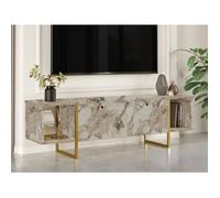 Meuble TV 2 portes et 2 étagères - Effet marbre blanc et Doré - DERANA