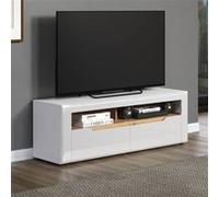 Meuble TV 2 tiroirs 2 niches décor chêne et blanc brillant - MILAN