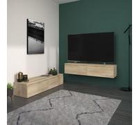 Meuble TV 2 tiroirs a suspendre ou a poser - LEVIATHAN -Reproduction Chene - 138,5 x 40 x 29 cm - PARISOT