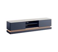 Meuble TV 2 tiroirs et 2 niches avec LEDs en MDF - Bleu et effet marbre blanc - DEVIKA