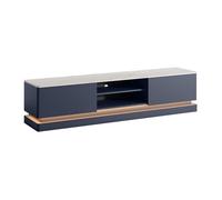 Meuble TV 2 tiroirs et 2 niches avec LEDs en MDF - Bleu et effet marbre blanc - DEVIKA