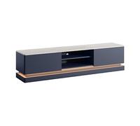 Meuble TV 2 tiroirs et 2 niches avec LEDs en MDF - Bleu et effet marbre blanc - DEVIKA