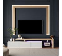 Meuble TV 200 cm -AMBIANCE - avec Éclairage LED et Rangements - Banc TV Design Contemporain, Blanc Brillant et Finition Chêne