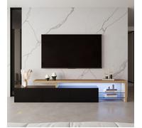 Meuble TV 200 cm -AMBIANCE - avec Éclairage LED et Rangements - Banc TV Design Contemporain, Noir Brillant et Finition Chêne