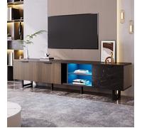 Meuble TV 200 Cm Aspect Marbre Noir, Portes Bois Foncé, 2 Portes, 2tiroirs, LED Réglable, Compatible Robot Aspirateur