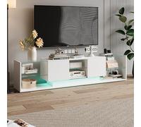 Meuble TV 200 cm avec éclairage LED, Meuble TV Bas avec 2 Portes et 6 Compartiments de Rangement Ouvert, Couleur réglable, Design Moderne, pour Salon, Chambre à Coucher (Blanc, 200*35*45 cm)