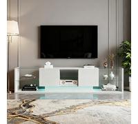 Meuble TV 200 cm Scandinave avec Rangement, Meuble TV LED avec 2 Tiroirs et Rangement Ouverts, Table Télé de Salon, Design Moderne, Armoire Basse, Banc TV pour Salon Chambre (Blanc)