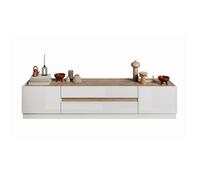 Meuble TV 205cm collection FANZY. Coloris blanc laqué et chêne clair, idéal dans un salon design