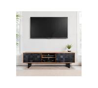 Meuble TV 3 portes 150x35x45 cm en sheesham effet ardoise 3D et métal