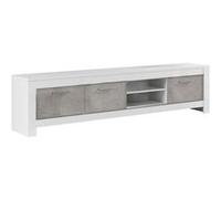 DENAE - Meuble TV 3 Portes L207cm Laqué Blanc Brillant et Gris Marbré -