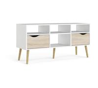 Meuble TV - 4 niches 2 tiroirs - Blanc / Chene - 117,2 x 39,1 x 57,4 cm -