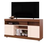 Meuble TV 47 Pouces Noyer et Blanc 2 Portes 5 Niches roulettes L 136 H 69.8 P 37.4 cm