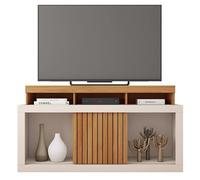 Meuble TV 55 Pouces Chêne et Blanc Ecru 1 Porte 6 roulettes L 136 H 74 P 39 cm