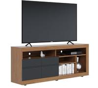 Meuble TV 65 Pouces Chêne et Anthracite 2 Portes 6 Niches roulettes L 160 H 68 P 37.4 cm