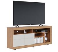 Meuble TV 65 Pouces Chêne et Blanc 2 Portes 6 Niches Roulettes L 160 H 68 P 37.4 cm - L 160 x l 37.4 x H 68 cm