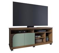 Meuble TV 65 Pouces Vert Olive et Chêne 2 Portes 7 Niches roulettes L 150 H 63.2 P 39.3 cm