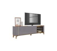Meuble TV 72 Pouces Gris et Chêne 2 Portes Coulis. 5 Niches L 203 H 59.5 P 40 cm - L 203 x l 40 x H 59.5 cm
