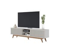 ACTUAL DIFFUSION Meuble TV 75 Pouces Blanc Pieds Bois 4 Portes 8 Niches L 218 H 57 P 40 cm