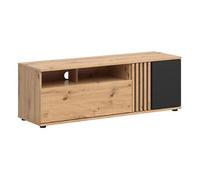 PEGANE Meuble TV à 1 Porte et tiroir avec décor lamelles,Coloris Chêne Artisan/Noir - Longueur 135,5 x Profondeur 40 x Hauteur 46,5 cm