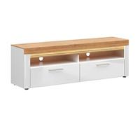 PEGANE Meuble TV à 2 tiroirs avec éclairage LED Coloris Chêne doré/Blanc Haute Brillance - Longueur 166 x Profondeur 42 x Hauteur 54 cm