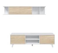 Meuble TV ABBY 2 portes, 2 niches et étagère murale L180cm - Blanc et Bois Blanc/chêne G