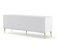 Meuble TV - AC-DÉCO - Ravenna - 3 portes en bois - Pieds en métal dorés - Blanc mat - L 150 x P 42 x H 56 cm