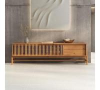 Meuble TV ADAMO L 180 cm en Bois Massif Couleur Chêne avec 2 Portes Coulissantes, 2 Tiroirs, Design Chaleureux à Lamelles, Meuble Télé avec Rangement Varié, Convient pour TV jusqu'à 203 cm (80")