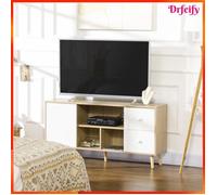 Meuble TV - AKOZON - 8461 - 120 x 30 x 60 cm - Bois naturel et blanc mat - 3 niches, 1 placard, 2 tiroirs
