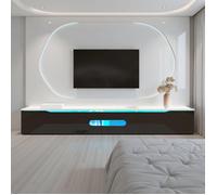 MEUBLE TV - AMBIANCE - 180 L x 30 P x 35 H - avec 3 Portes & éclairage LED 16 couleurs - Montage mural - Noir
