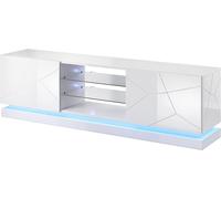 MEUBLE TV ARMOIRE SALON AVEC LED BLEU MODÈLE QIU 200X42X57H BLANC BRILLANT