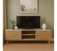 Meuble TV aspect bois rainuré et marbre avec tiroirs et placard 150cm TRIX Marron