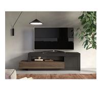 Meuble TV asymétrique RUSELO - VENTE-UNIQUE - 1 porte, 1 tiroir et 1 niche - Naturel et anthracite