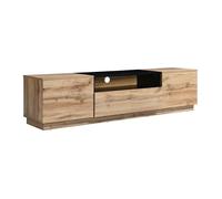 Vente-unique-Meuble TV CEMILINA en Coloris Naturel Clair et Noir, doté de 2 Portes, 1 tiroir et 1 Niche, offrant Un Grand Espace de Rangement, Design Moderne et Pratique pour Salon Contemporain