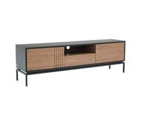 Meuble TV avec 2 portes, 1 tiroir et 1 niche placage noyer et métal - Naturel foncé et Noir - ZINORI