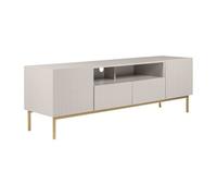 Meuble TV avec 2 portes, 2 tiroirs et 2 niches en MDF et acier - Beige et doré - EVILANA