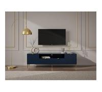 Meuble TV avec 2 portes, 2 tiroirs et 2 niches en MDF et acier - Bleu et doré - YESINIA