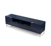 Meuble TV avec 2 portes, 2 tiroirs et 2 niches en MDF et acier - Bleu et doré - YESINIA