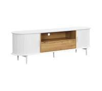 Meuble TV avec 2 portes coulissantes, 1 tiroir et 1 niche en MDF - Blanc et naturel - VELURANI