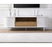 Meuble TV avec 2 portes coulissantes, 1 tiroir et 1 niche en MDF - Blanc et naturel - VELURANI