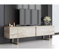 Meuble TV avec 2 portes - Effet travertin beige et doré - ZIRELDA