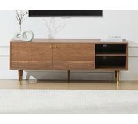 Meuble TV avec 2 portes et 2 niches placage noyer - Naturel et doré - PARIOMA