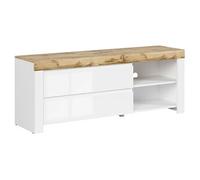 PEGANE Meuble TV avec 2 tiroirs,Coloris Blanc/Chêne wotan - Longueur 156 x Profondeur 42 x Hauteur 60,5 cm